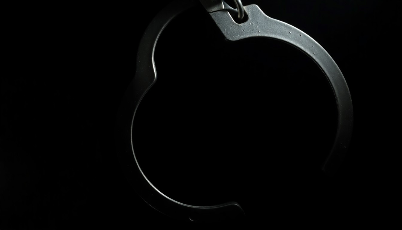 An extreme close-up of a metal handcuff lock, the harsh lighting and dark background creating a stark, serious mood around the criminal justice process.