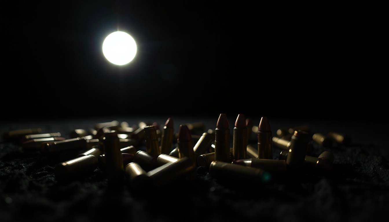 An extreme close-up of several spent bullet casings on the ground, reflecting a harsh, direct flash of light that creates a stark, gritty, and investigative visual aesthetic, conceptually representing the aftermath of a shooting incident.