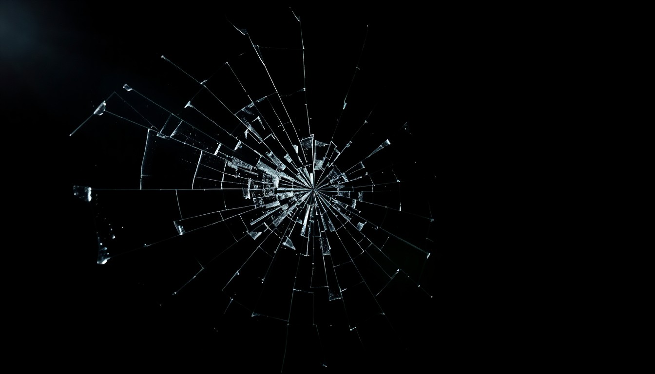 An extreme close-up of shattered car window glass reflecting a harsh, direct camera flash, creating a stark, gritty, investigative aesthetic that conceptually illustrates the aftermath of a targeted act of property damage.