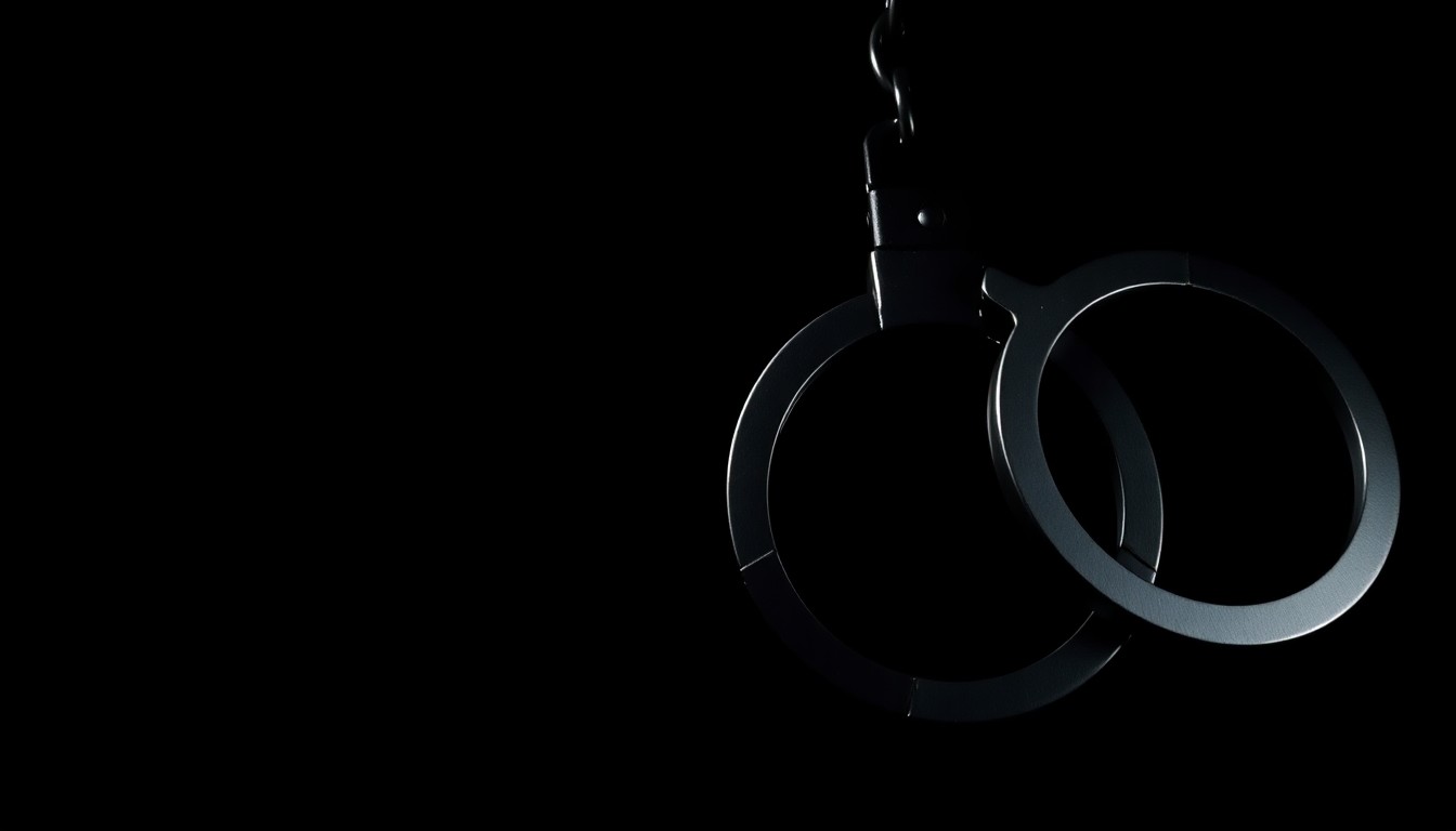An extreme close-up photograph of a pair of metal handcuffs against a pitch-black background, creating a stark, gritty, investigative aesthetic.
