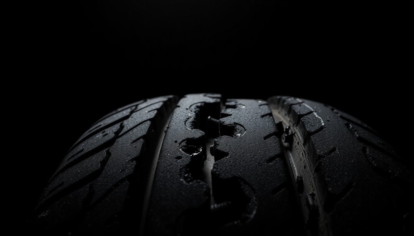 An extreme close-up photograph of a slashed tire, the rubber and metal components dramatically lit by a harsh camera flash against a pitch-black background, conceptually illustrating an act of vehicle vandalism.