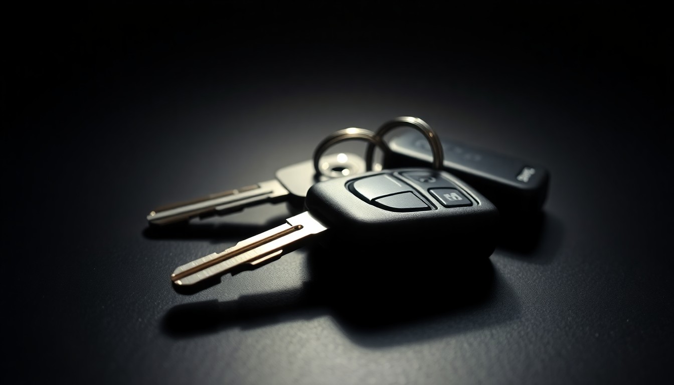 An extreme close-up photograph of a set of car keys lying on a dark surface, lit by a harsh, direct camera flash, conceptually representing the urgency and intensity of a missing person investigation.