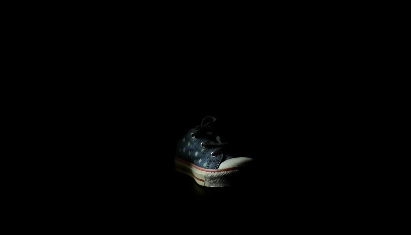 An extreme close-up photograph of a single child's shoe against a pitch-black background, lit by a harsh, direct camera flash to create a stark, gritty, investigative aesthetic.
