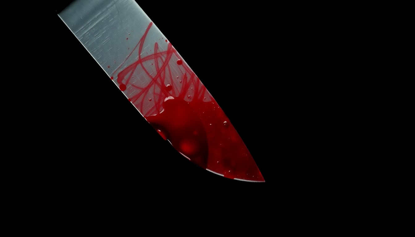 An extreme close-up of a sharp knife blade covered in blood, photographed against a stark black background with dramatic lighting, conceptually representing the violence of the assault on the Walgreens employee.