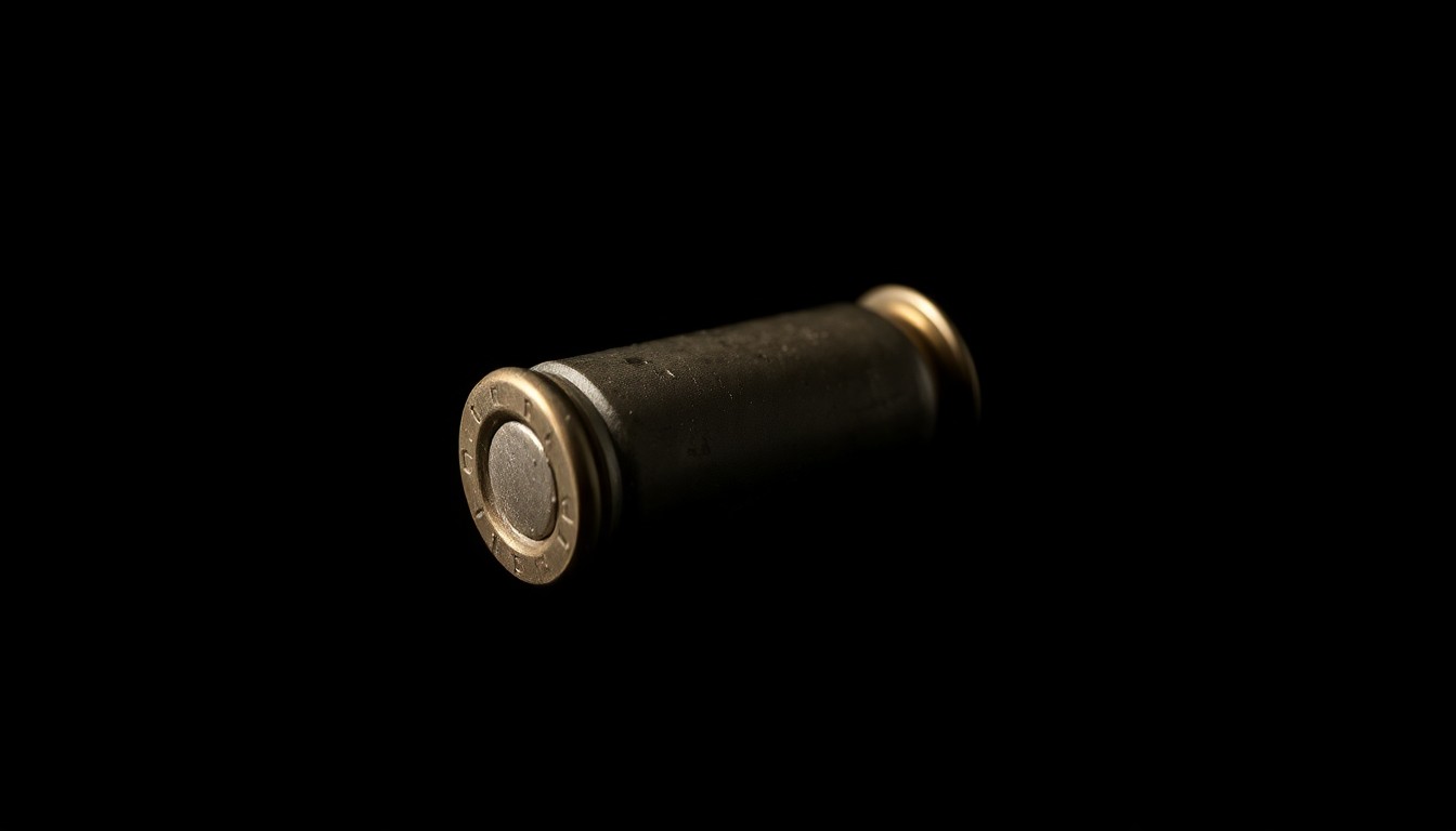 An extreme close-up photograph of a spent .25 caliber shell casing against a pitch-black background, capturing the metallic texture and dramatic shadows to create a stark, gritty, investigative visual representation of the shooting incident.