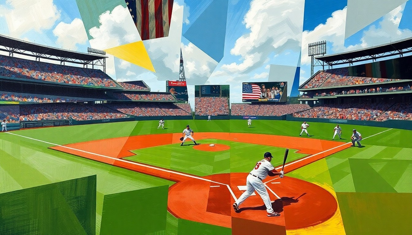 A fragmented, cubist-style painting depicting a baseball game or action, with the players and field broken down into abstract geometric shapes and planes of color, creating a dynamic, multi-perspective visual representation of the event.