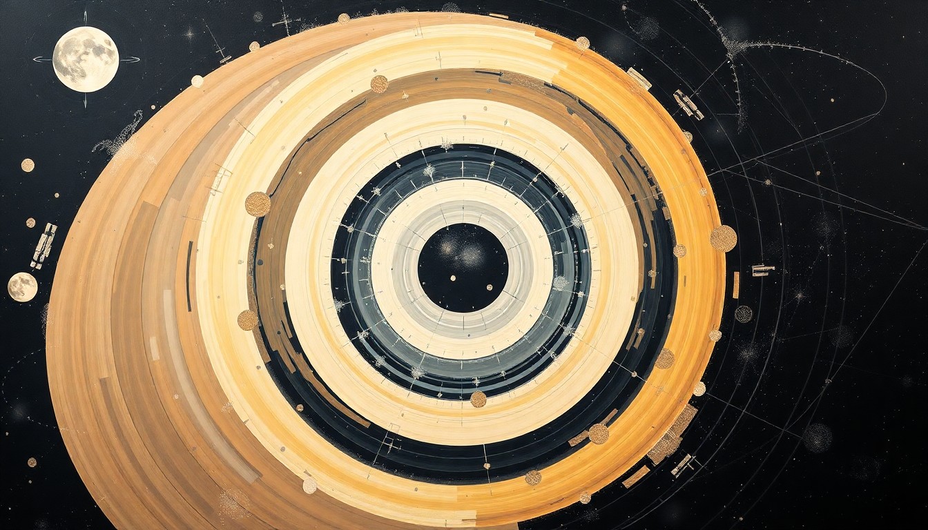 A bold, abstract painting in the style of Hilma af Klint, featuring sweeping geometric arcs, concentric circles, and precise spirals in earthy tones, representing the Artemis II mission's journey and the cosmic forces at play.