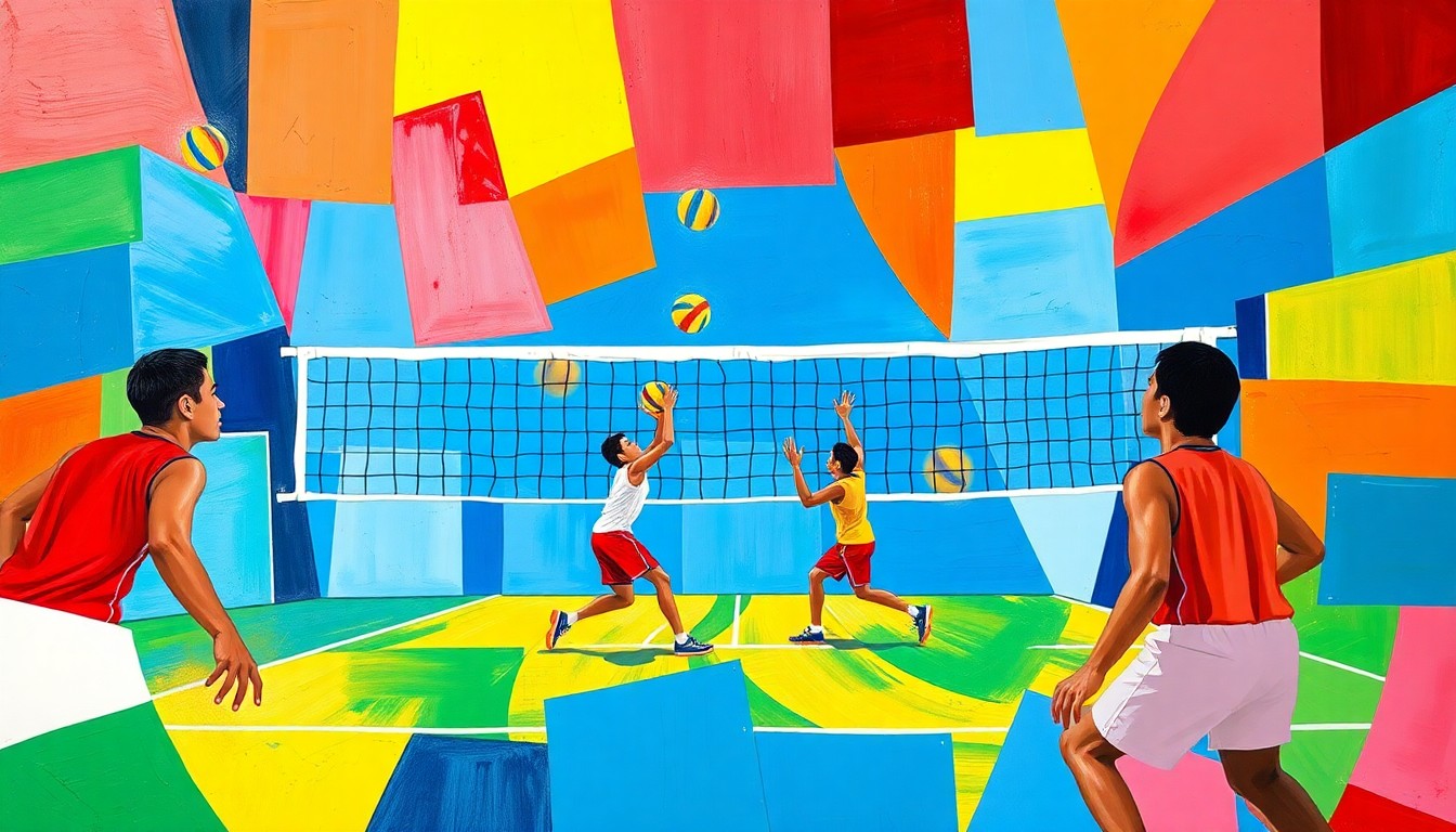 A vibrant, cubist-style painting depicting a boys volleyball match, with the players and court broken down into overlapping geometric shapes and planes of bright blue, red, and yellow.