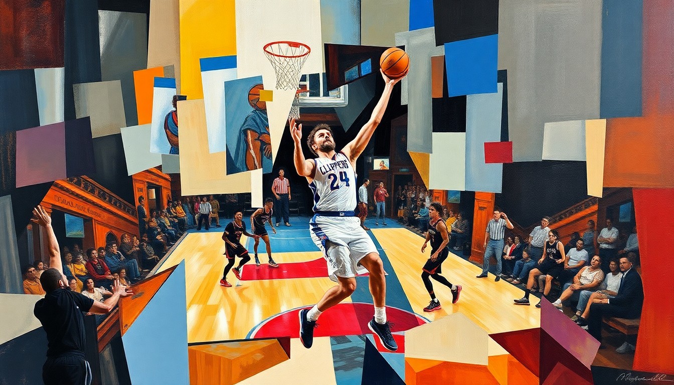 A fragmented, geometric painting depicting the action of a basketball game, with the player's movements and the ball's trajectory broken down into sharp, overlapping shapes and planes of color.