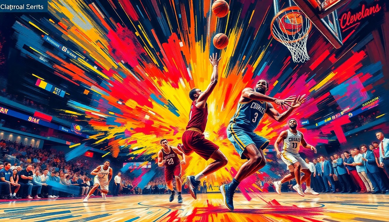 A dynamic, colorful painting featuring overlapping, expressive brushstrokes that capture the intensity and movement of a basketball game, conveying the energy and excitement of the Cavaliers' win over the Grizzlies.