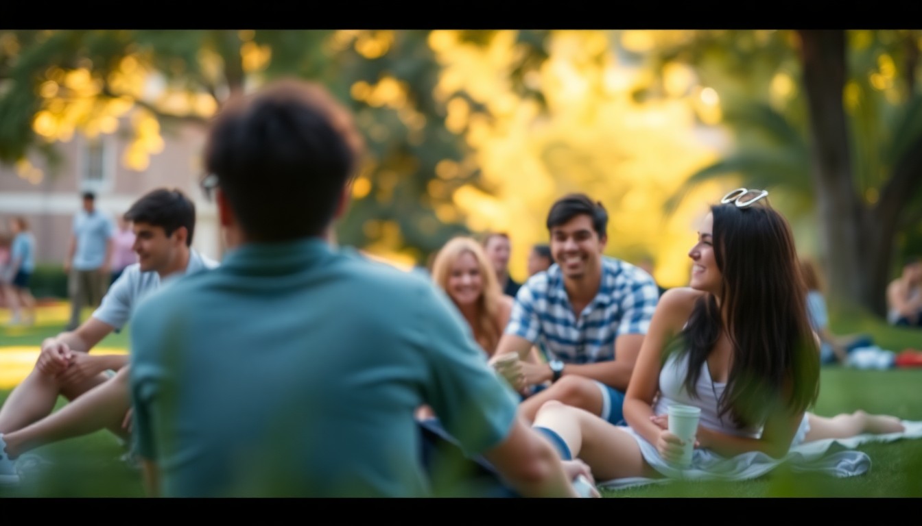 An extremely abstracted, out-of-focus photograph of students relaxing on a grassy lawn, surrounded by blurred greenery and warm, golden light, conveying a sense of carefree joy and relaxation.