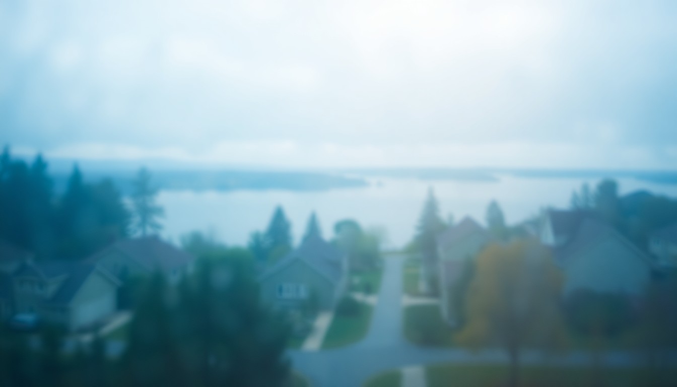 An abstract, out-of-focus scene depicting a residential neighborhood with homes, trees, and a distant lake, conveying a soft, dreamlike atmosphere through muted tones of blue, green, and yellow.