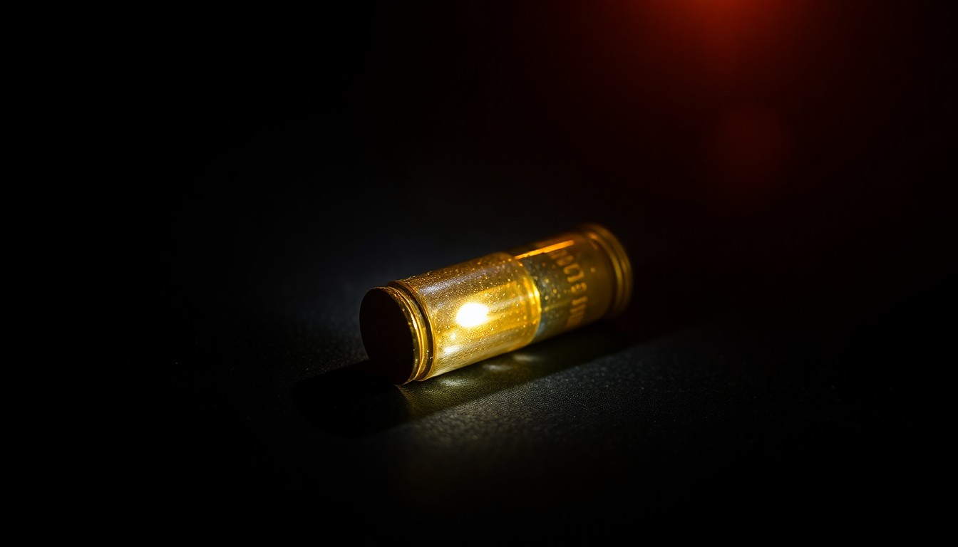 An extreme close-up photograph of a single spent bullet casing on a dark, textured surface, lit by a harsh, direct camera flash, conceptually illustrating the aftermath of a celebrity shooting incident.