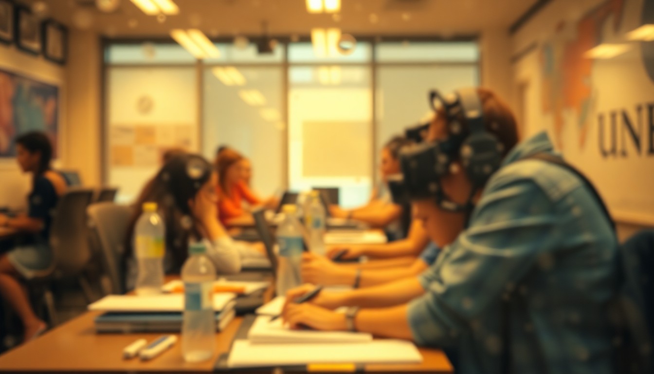 An abstract, impressionistic scene of blurred, warm-toned shapes and colors representing a newsroom, conveying the energy and dedication of student journalists.