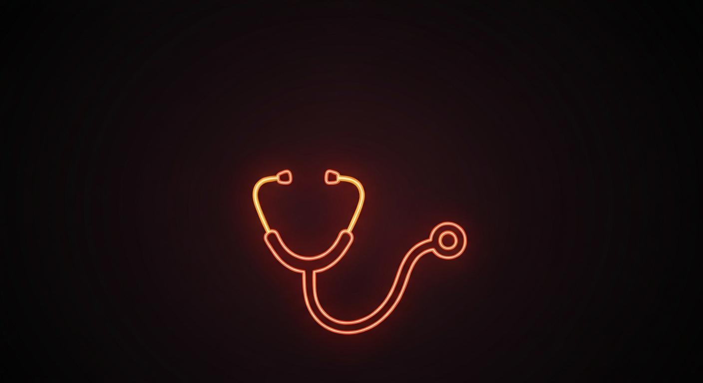 A minimalist neon outline of a nurse's stethoscope against a dark background, conceptually representing the vital role of healthcare workers in supporting vulnerable populations.