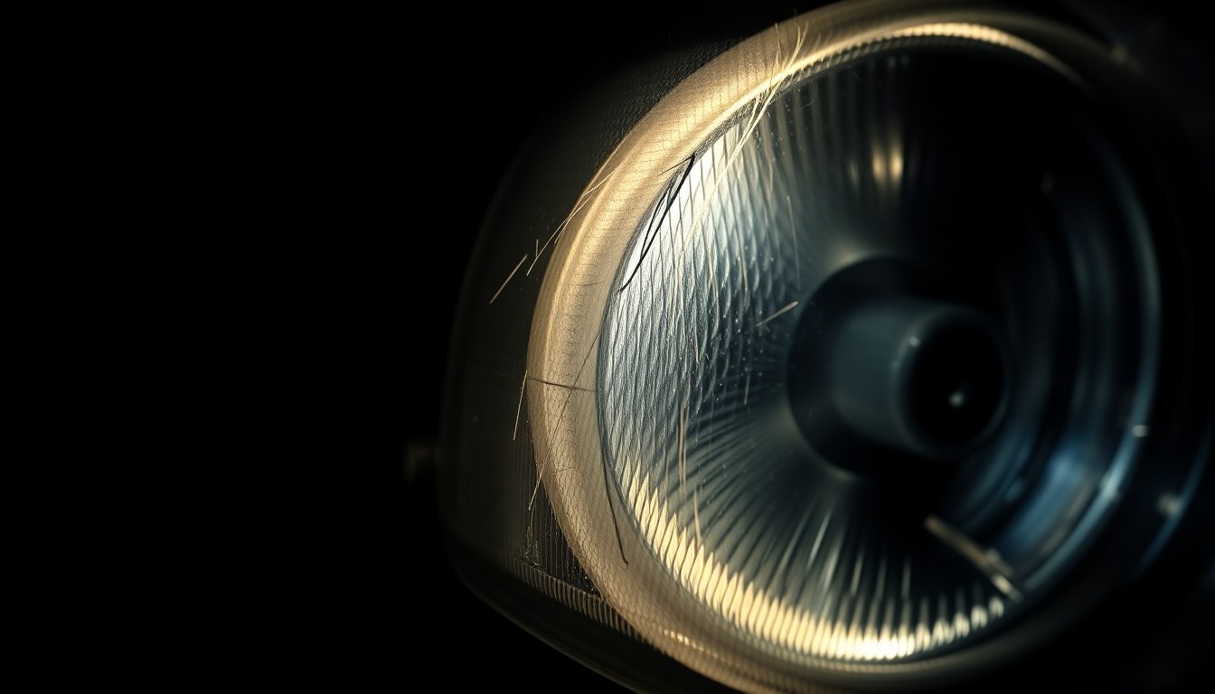 An extreme close-up photograph of a damaged vehicle headlight lens or side mirror, lit by a harsh, direct camera flash against a pitch-black background, creating a stark, gritty, investigative aesthetic.