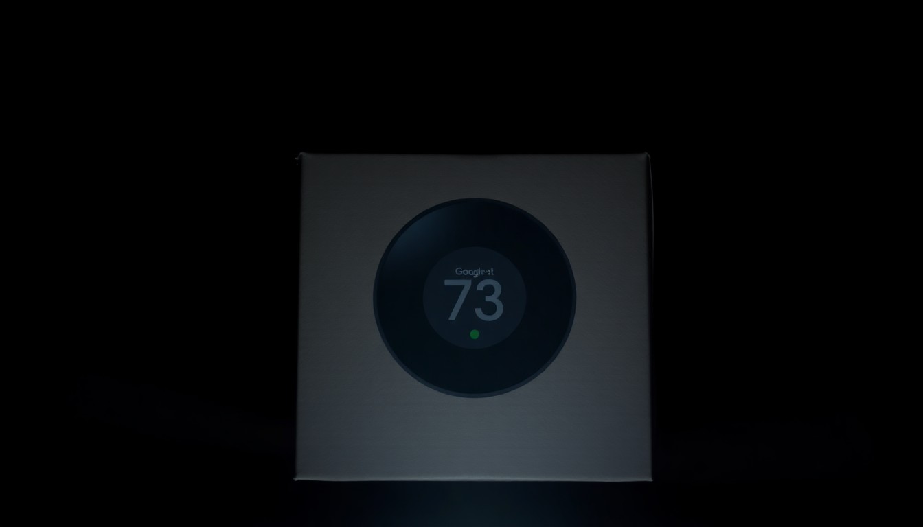 An extreme close-up photograph of a Google Nest thermostat box against a pitch-black background, the harsh lighting and dramatic framing creating a stark, gritty aesthetic that conceptually represents the investigation into a package theft scheme.