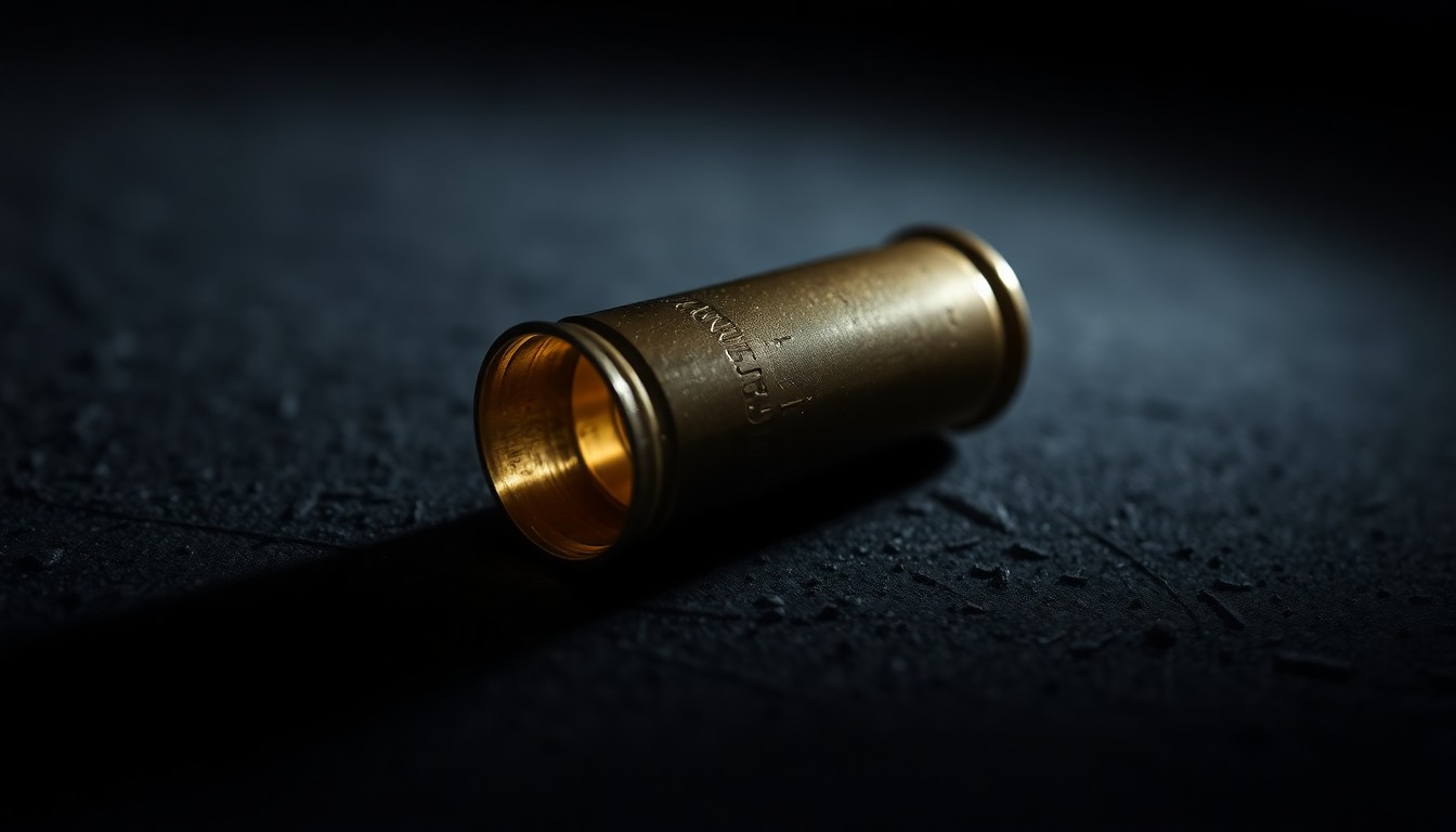 An extreme close-up photograph of a spent shell casing on a dark, textured surface, lit by a harsh, direct camera flash, conceptually representing the evidence in an unsolved murder investigation.