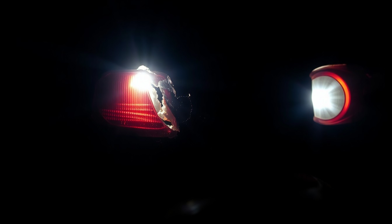 An extreme close-up photograph of a damaged ATV or UTV part, such as a broken taillight or cracked dashboard, lit by a harsh, direct camera flash against a pitch-black background, conceptually illustrating the physical evidence of vehicle theft.