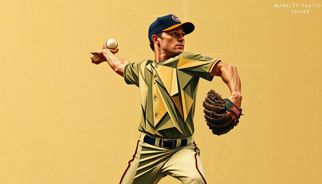 A fragmented, geometric painting depicting the motion of a baseball pitcher, rendered in earthy tones of brown, olive, and ochre, conveying the frustration and challenges of a young player's performance.