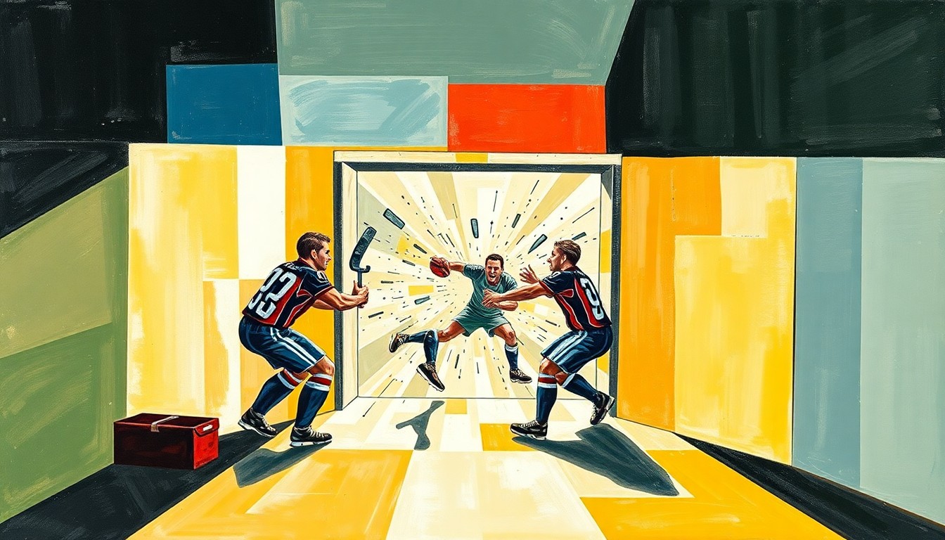 A cubist, geometric painting breaking down the moment of impact as Pontus Holmberg collides with an open penalty box door, the scene fractured into sharp, overlapping planes of color.