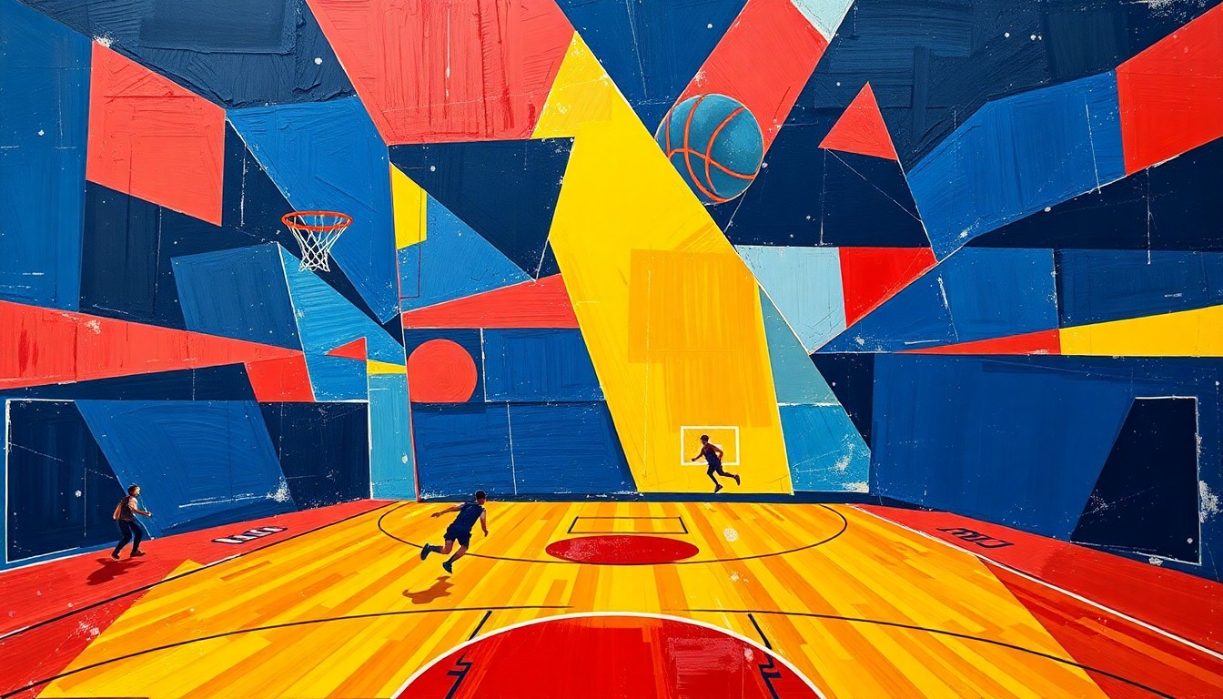 A cubist, geometric painting depicting a basketball game broken down into overlapping planes of navy, crimson, and gold, conceptually representing the prestigious Bevo Francis Award.