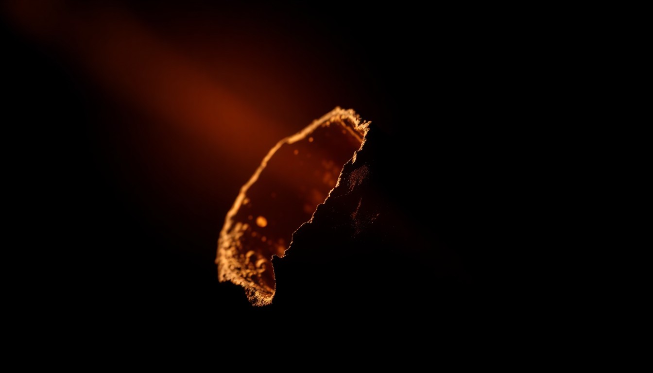 An extreme close-up of a charred, twisted metal object from the house fire, reflecting the harsh lighting and stark, gritty aesthetic of the image, conceptually illustrating the investigative process following a devastating blaze.