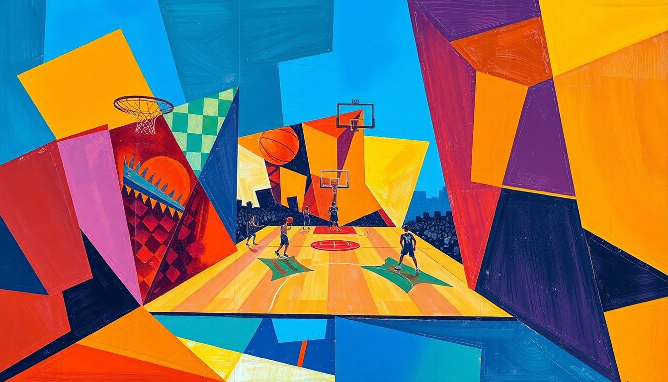 A fragmented, geometric painting depicting a basketball game, with sharp planes of color and overlapping shapes representing the dynamic action on the court.