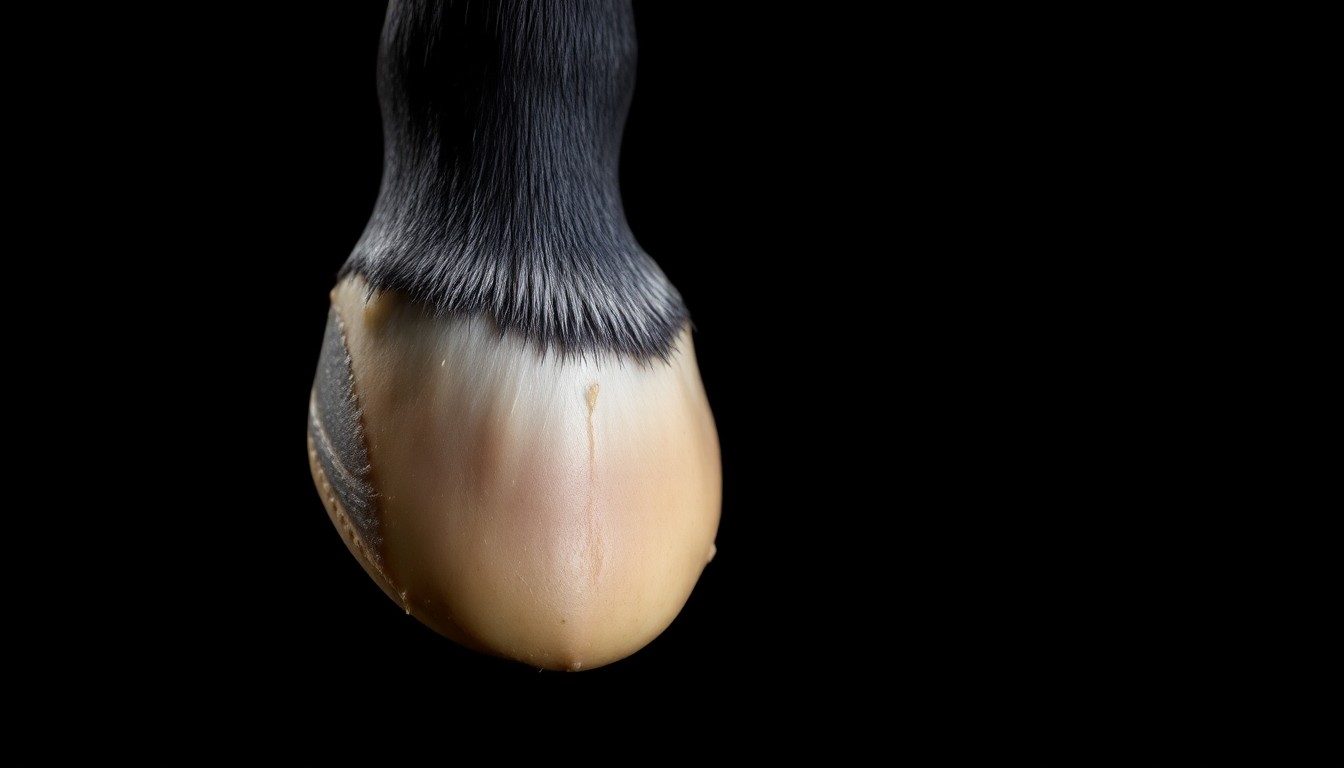 An extreme close-up photograph of a horse's emaciated hoof against a pitch-black background, the harsh lighting revealing the poor condition of the animal.