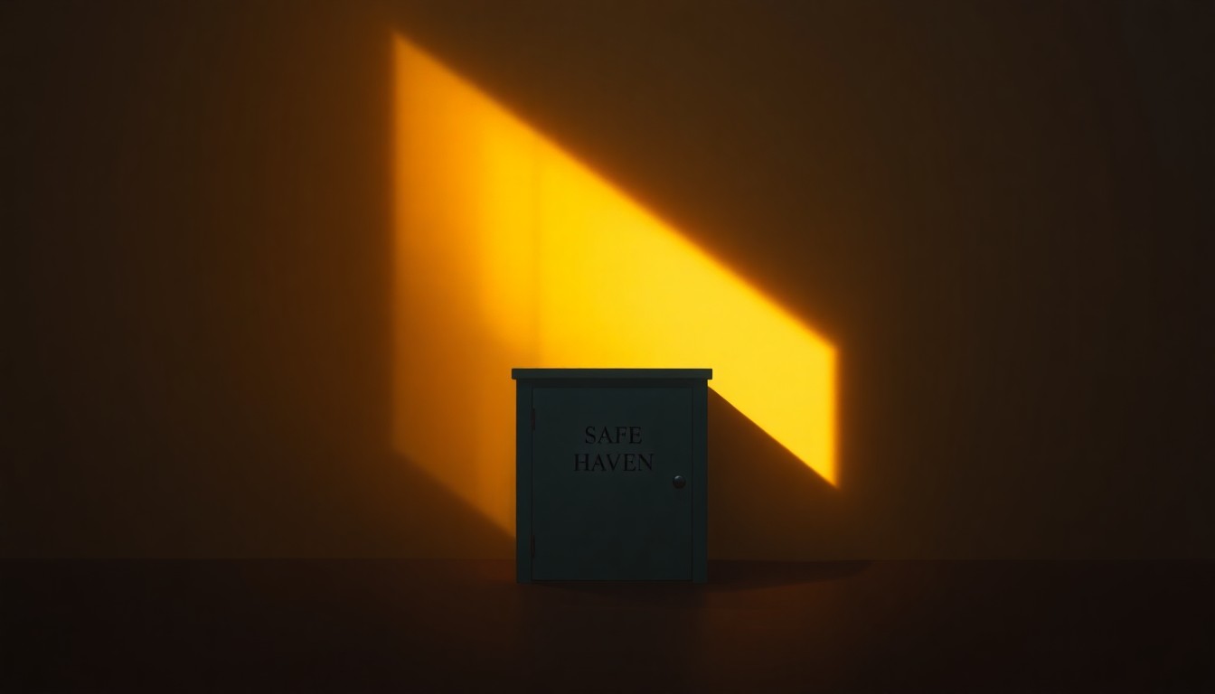 A photorealistic painting of a climate-controlled Safe Haven Baby Box placed outside a fire station, with the box bathed in warm, golden sunlight and surrounded by deep shadows, conveying a sense of solitude and contemplation.