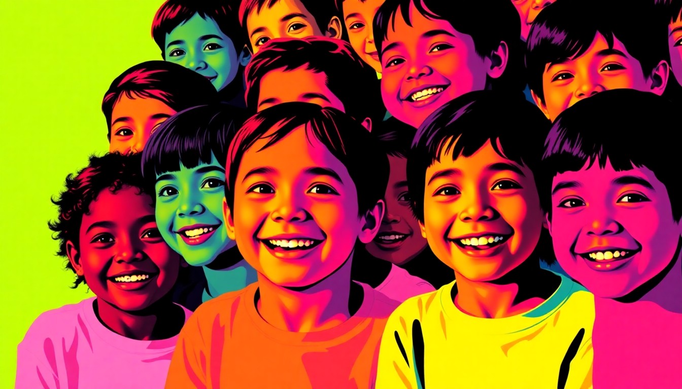 A colorful, abstract silkscreen-style illustration featuring a grid of smiling children's faces in bright, neon-like colors, conceptually representing the energy and community spirit of a youth mentorship program event.