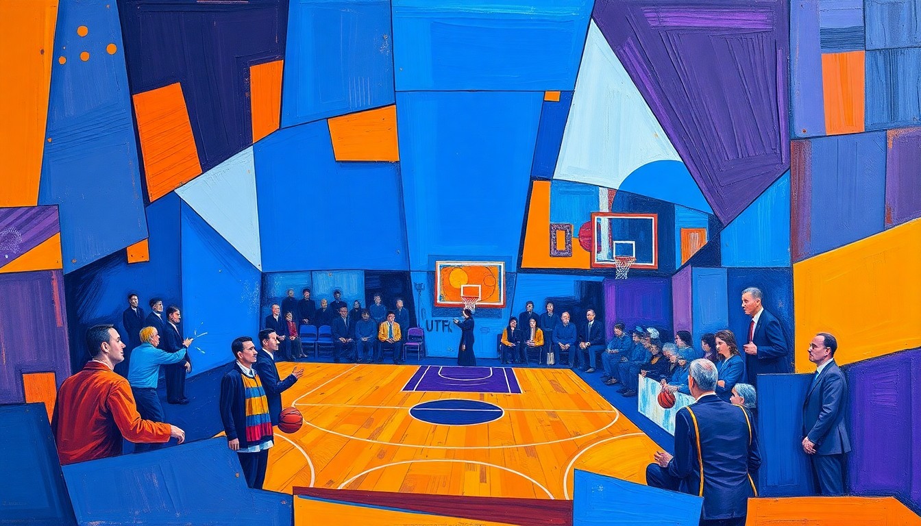 A cubist-style painting featuring overlapping geometric shapes and planes in vibrant colors, conceptually representing the uncertainty and upheaval surrounding the Chicago Bulls' coaching situation.