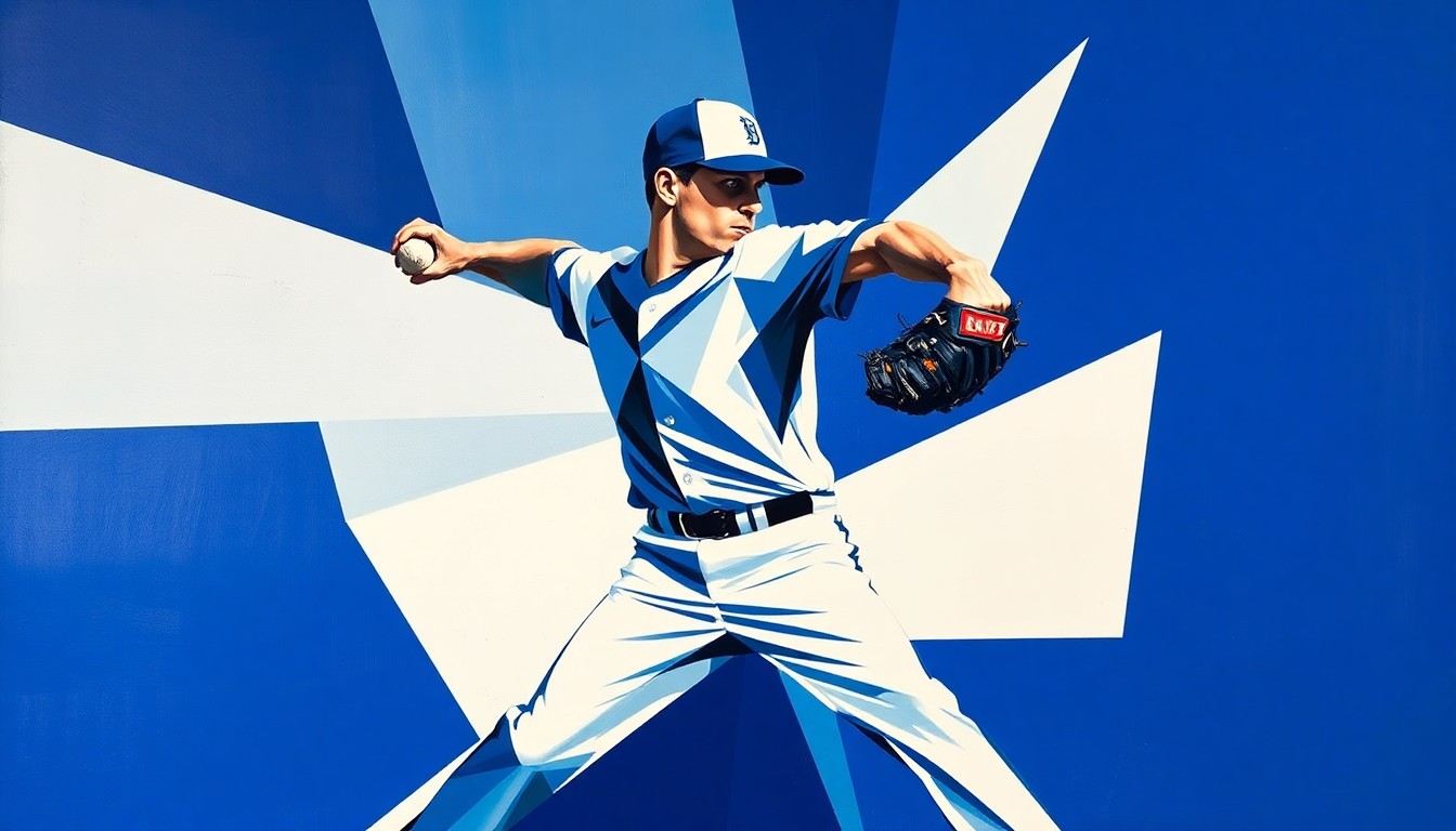 A cubist-style painting depicting a baseball pitcher's motion broken down into overlapping geometric shapes in shades of blue, capturing the fragmented nature of the Blue Jays' injury-plagued rotation.