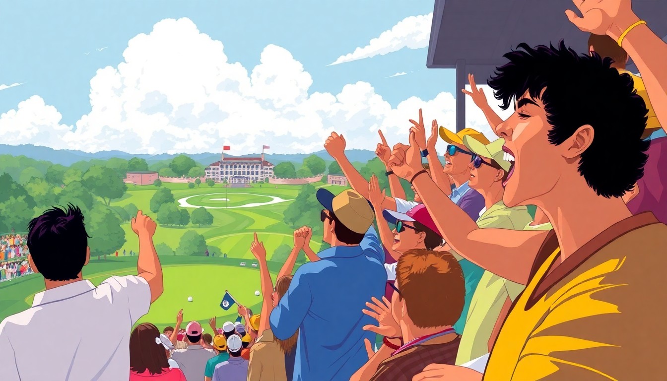 A colorful, energetic illustration showing a crowd of enthusiastic fans cheering and enjoying themselves at a professional golf tournament, with the iconic TPC Southwind course visible in the background.