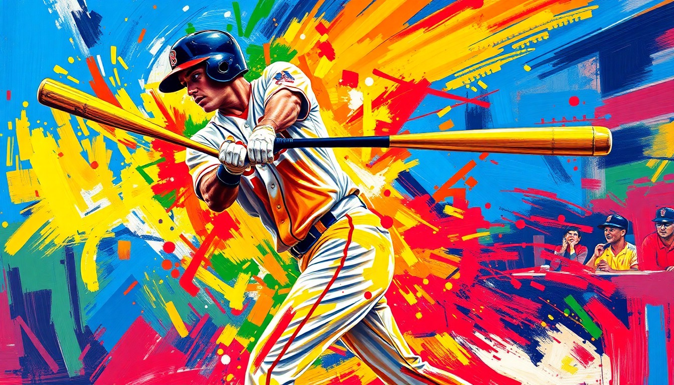 A dynamic, colorful painting with thick, energetic brushstrokes depicting the powerful swing and motion of a baseball player hitting a home run, conveying the raw athleticism and excitement of the moment.
