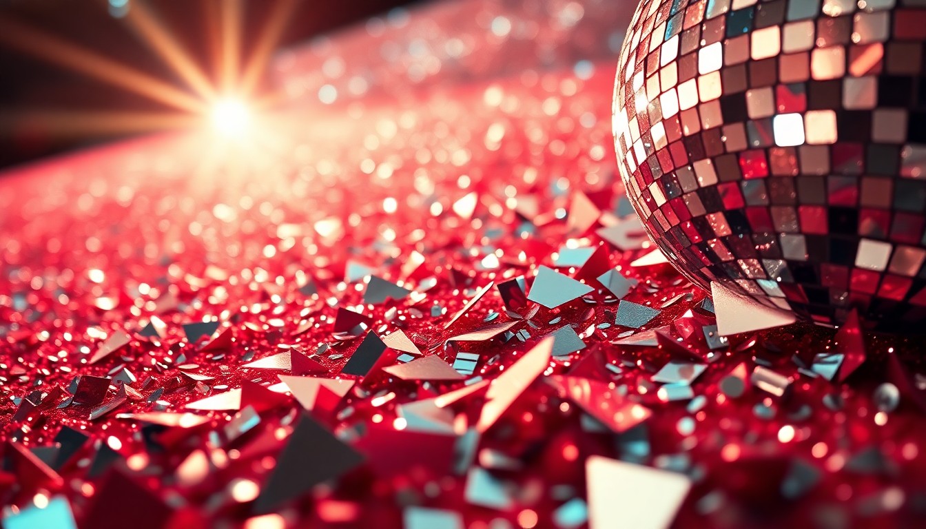 An abstract close-up image of shimmering, high-contrast sequins and shattered disco ball fragments, evoking the glamour and excitement of a movie premiere event.