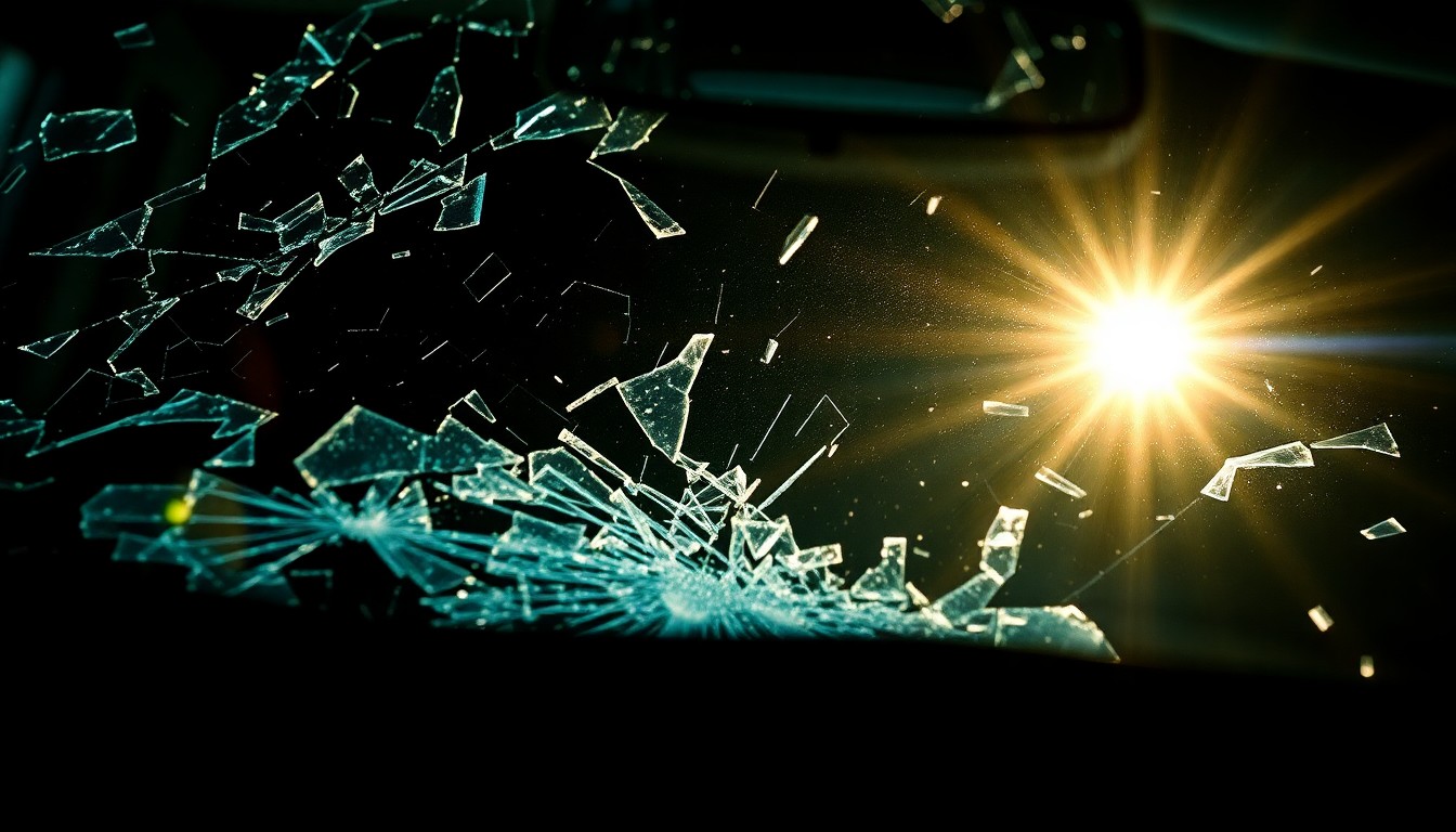 An extreme close-up photograph of a shattered car windshield reflecting the harsh glare of a camera flash, conceptually illustrating the aftermath of a high-speed collision.