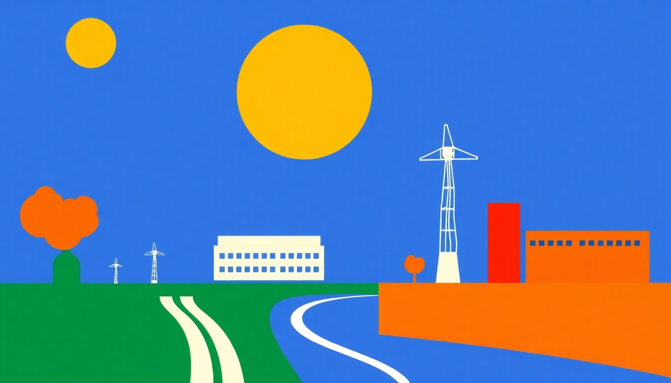An abstract geometric illustration using bold shapes and primary colors to represent the concepts of land, infrastructure, and streamlined processes for economic development site certification.