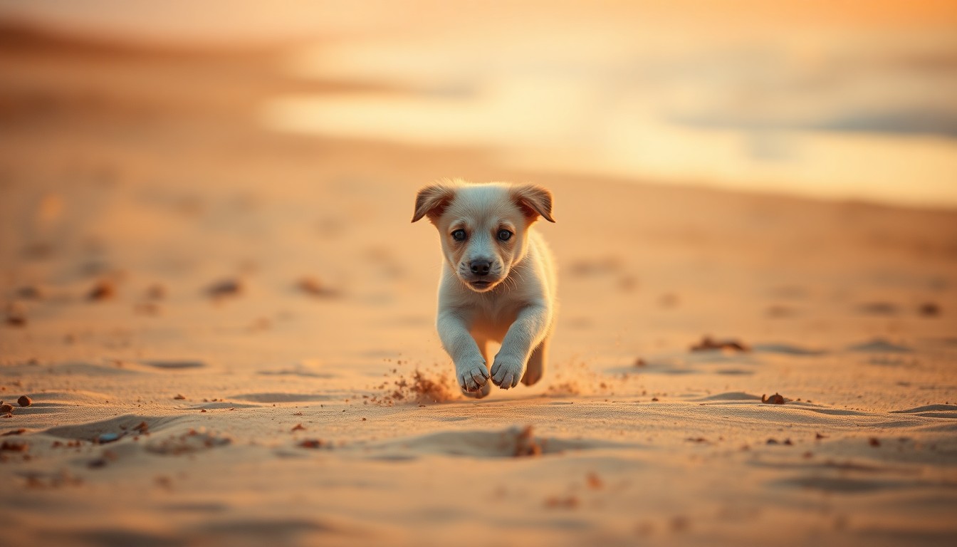 An abstract, out-of-focus photograph featuring a playful puppy running on a sandy beach, with warm, colorful pools of light creating a dreamy, atmospheric scene.