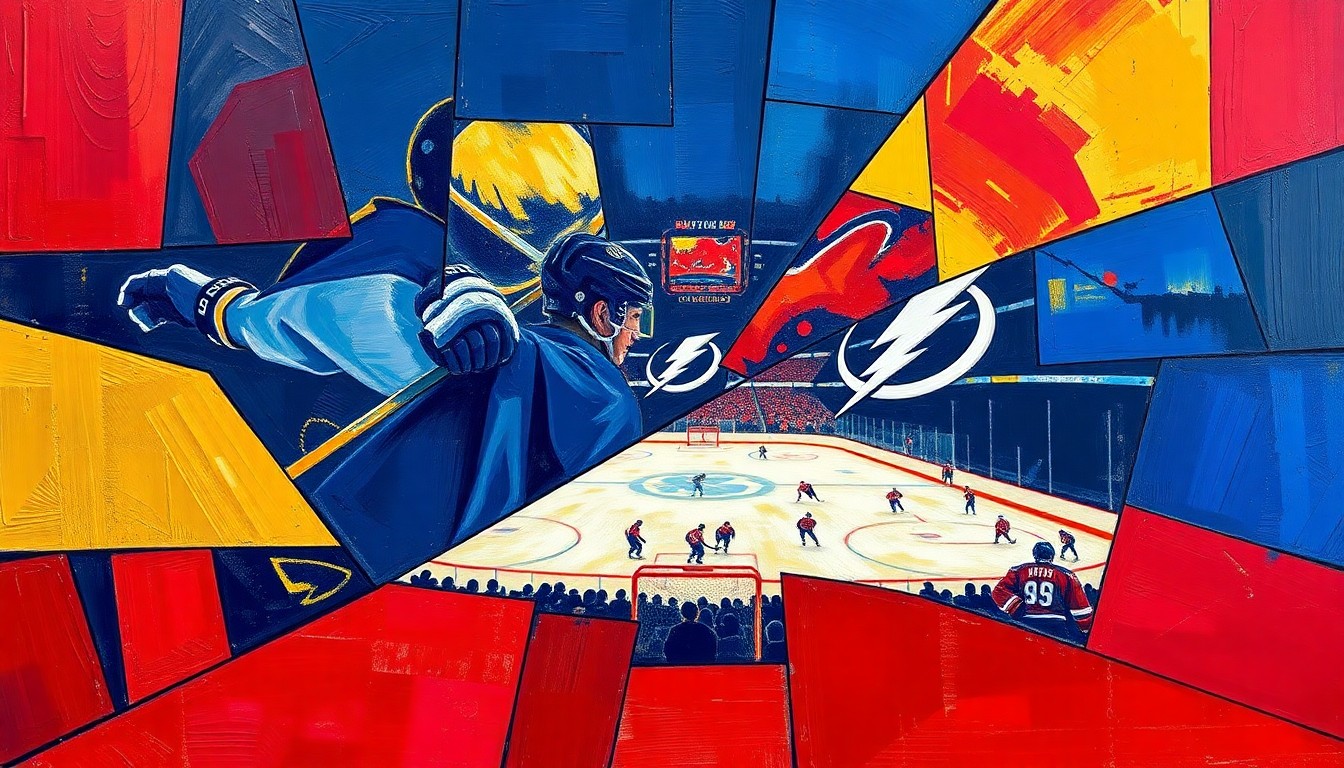 A cubist, geometric painting depicting a hockey game with overlapping planes of navy blue, gold, and red, capturing the dynamic action and competition between the two teams.