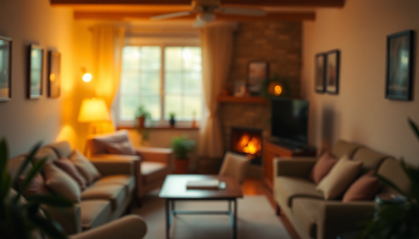 An extremely abstracted, out-of-focus photograph of a cozy living room interior, with warm pools of light and color creating a nostalgic, intimate atmosphere.