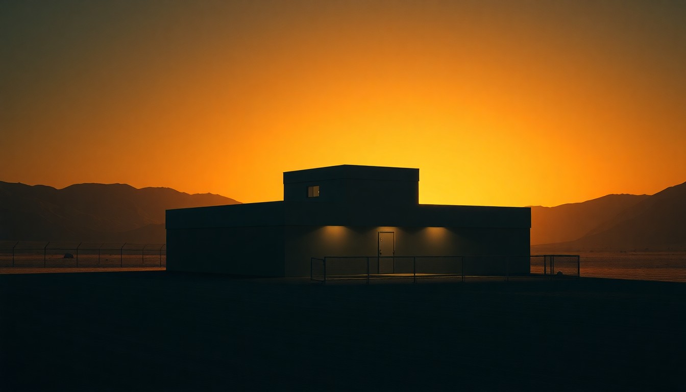 A somber, cinematic painting of a lone immigration detention center building in the desert, with warm sunlight and deep shadows creating a melancholy mood.