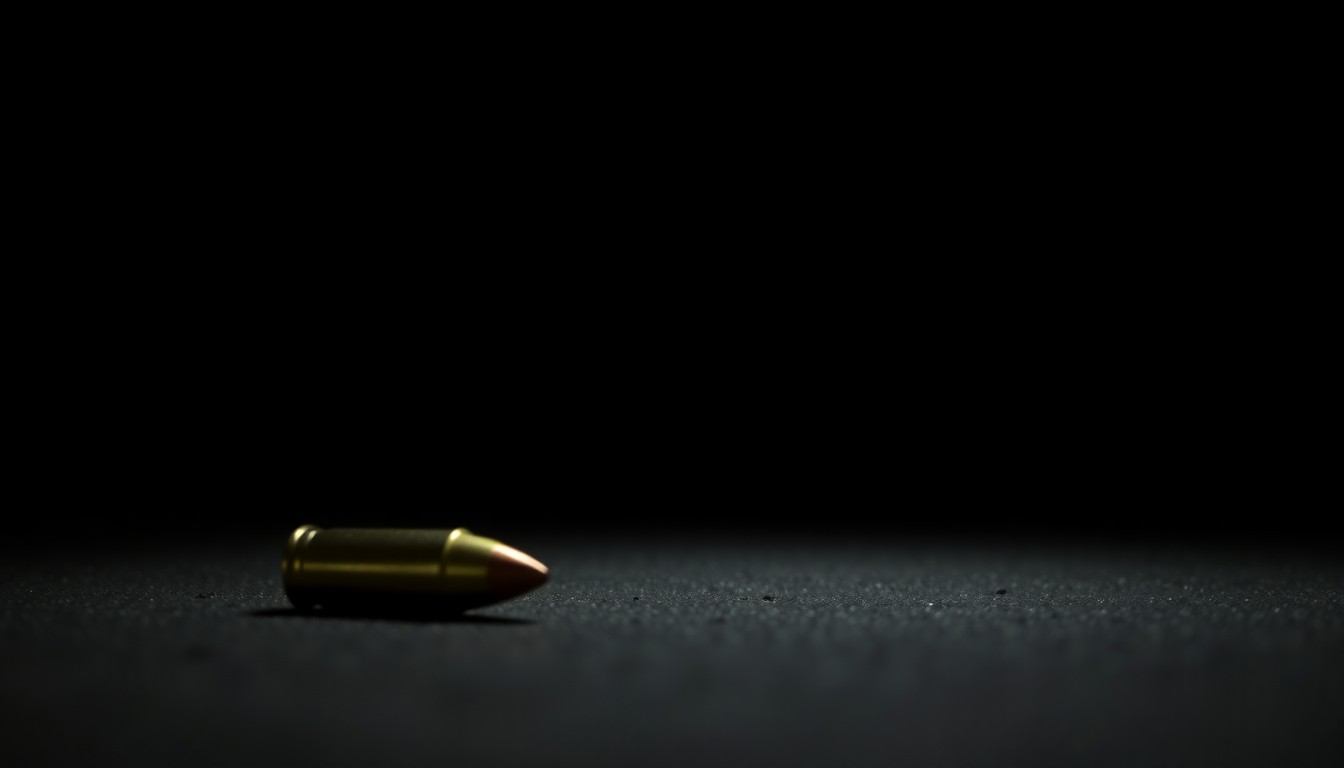An extreme close-up photograph of a single bullet casing lying on the ground, the harsh flash creating a stark, gritty, investigative aesthetic that conceptually represents the violence and disruption of the targeted attack on the councilman's home.