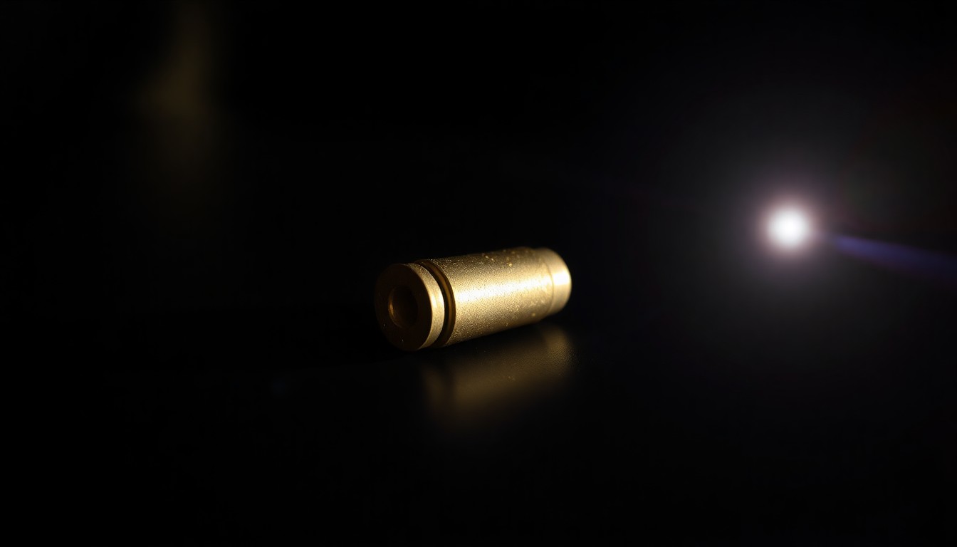 An extreme close-up photograph of a single bullet casing on a dark surface, lit by a harsh, direct camera flash, conceptually illustrating the violence of a shooting incident.