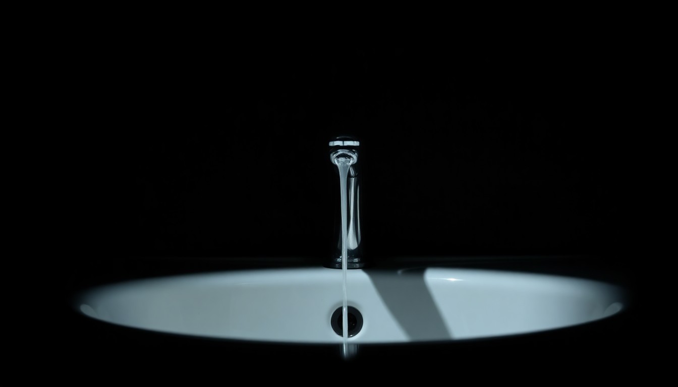An extreme close-up photograph of a bathroom faucet or sink drain against a pitch-black background, lit by a harsh, direct camera flash, conceptually illustrating the violation of privacy in a hidden camera voyeurism case.