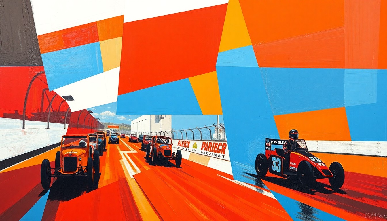 A cubist, geometric painting depicting the fragmented shapes and angles of a stock car race, with bold splashes of red, orange, and blue representing the high-energy action on the track.