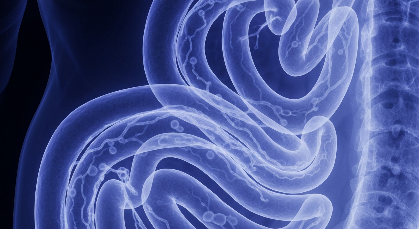 A ghostly, translucent X-ray-style image of the internal structure of the human intestine, with glowing lines and shapes representing the intricate network of immune cells, conceptually illustrating how a high-fat diet can rapidly deplete these critical cells.