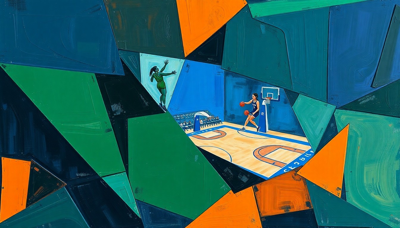 A cubist, geometric painting depicting a fragmented women's basketball game, with sharp planes of navy, green, and orange overlapping to create a dynamic, abstract composition.