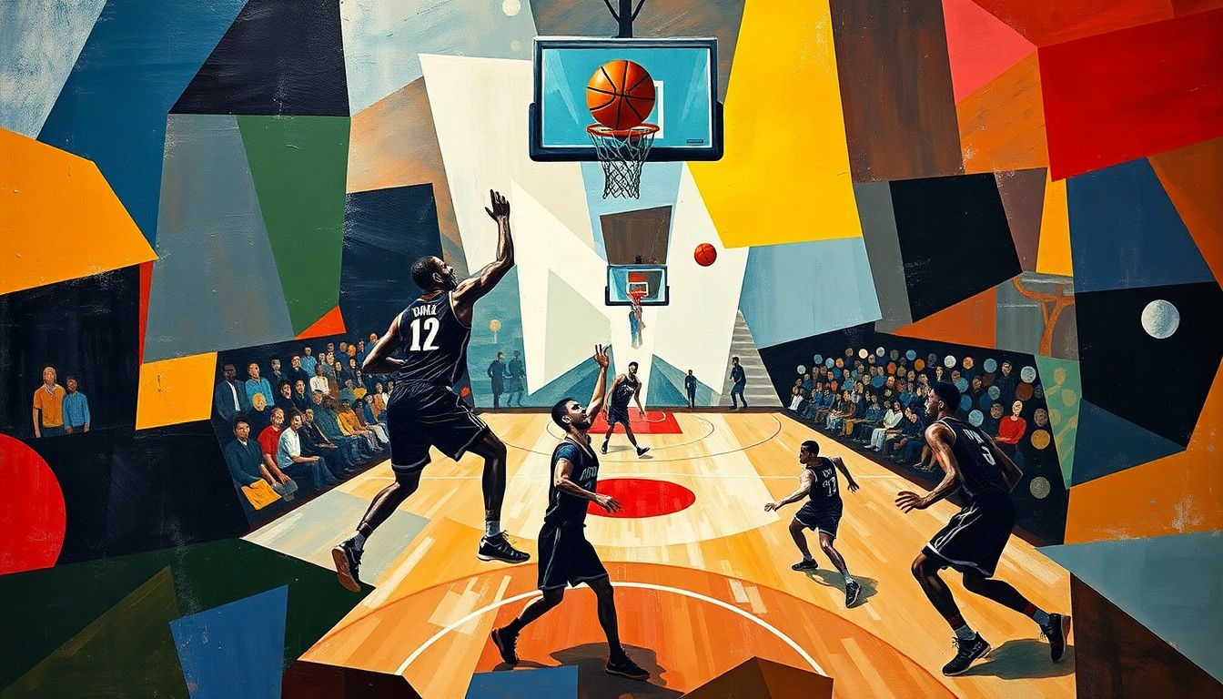 A fractured, multi-perspective painting breaking down a basketball game into sharp, overlapping geometric planes of color, capturing the intensity and movement of the sport.