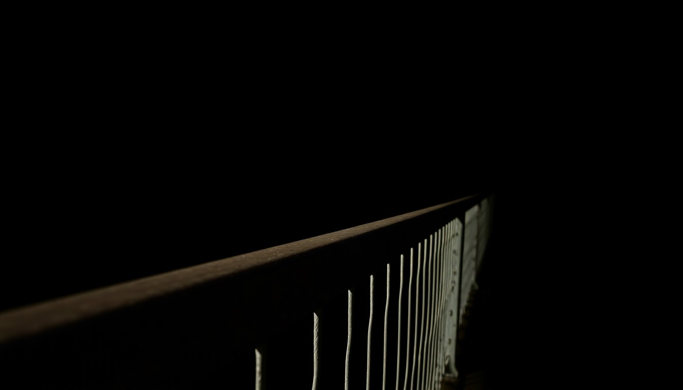 An extreme close-up photograph of a section of the Rio Grande Gorge Bridge's metal railing, dramatically lit by a harsh camera flash against a pitch-black background, conveying a stark, gritty, and investigative aesthetic.